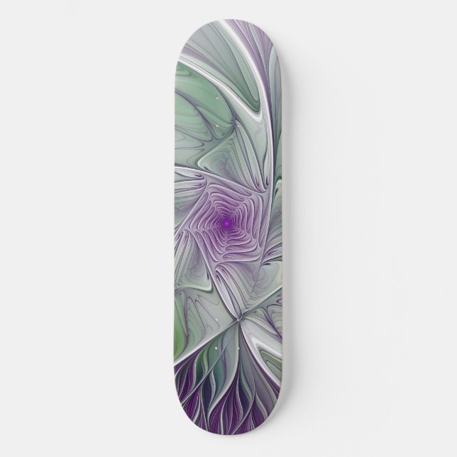 Skateboard Sueño de flores, abstracto arte fractal verde púrp (Anverso)