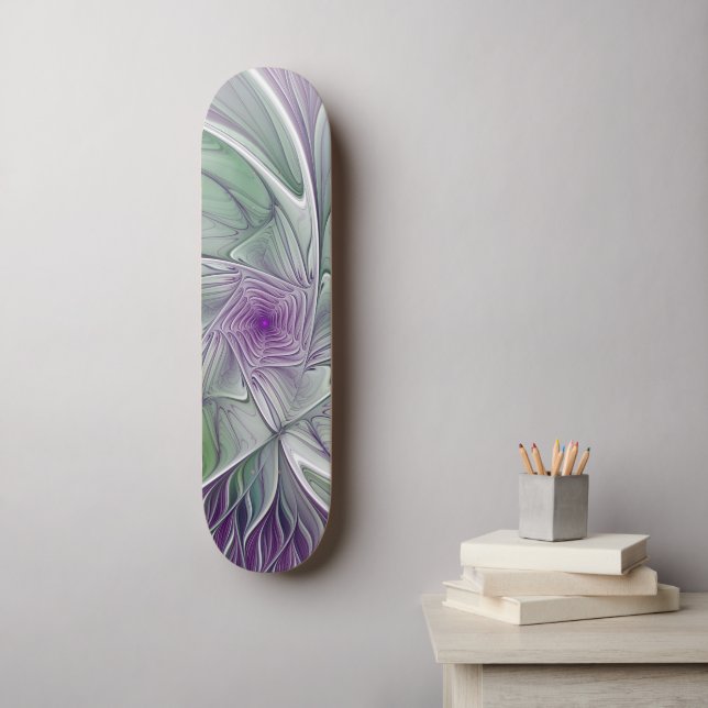 Skateboard Sueño de flores, abstracto arte fractal verde púrp (Arte de la pared)
