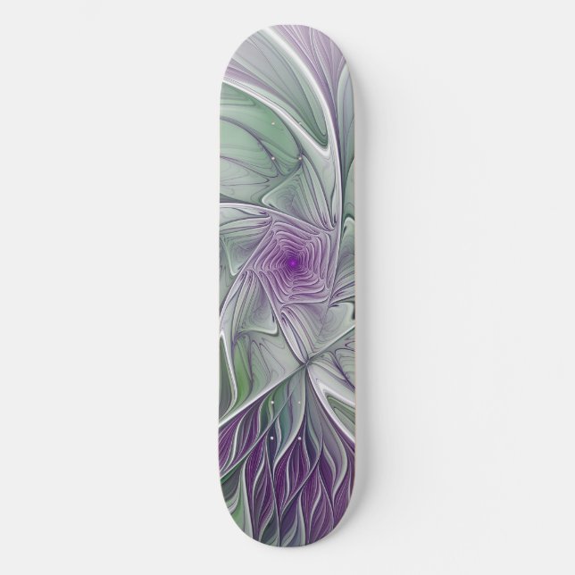 Skateboard Sueño de flores, abstracto arte fractal verde púrp (Anverso)