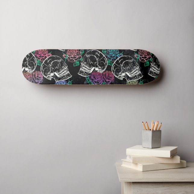 Skateboard Sugar Skull Pink Roses | Girly Gothic Grunge Glam (Arte de pared (horz))