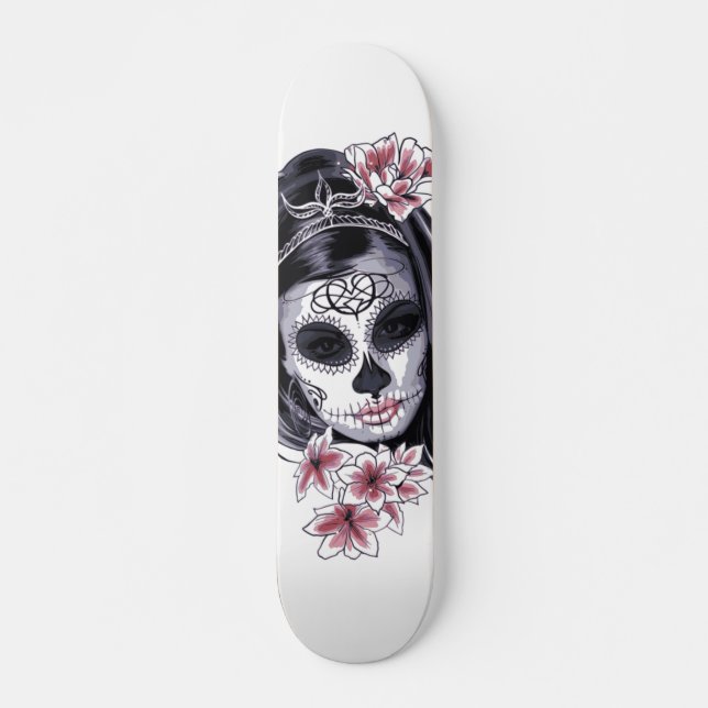 Skateboard Sugar Skull Woman Blossom Flowers Illustration (Anverso )