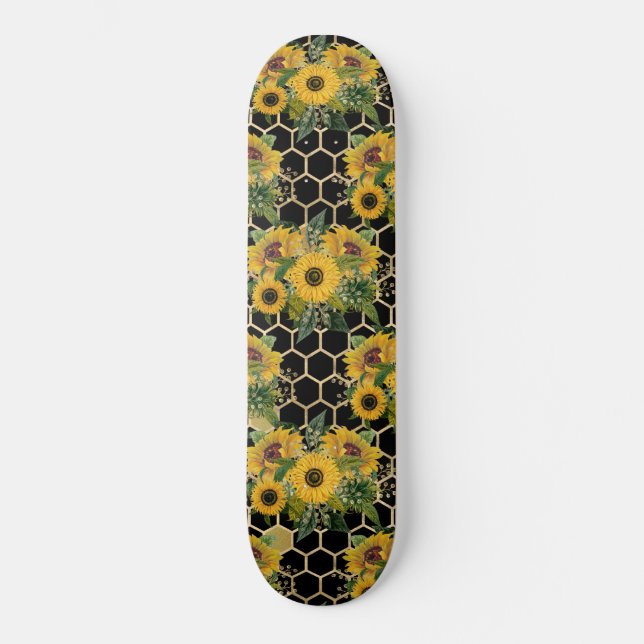 Skateboard Sunflowers Honeycomb Patrón floral Negro (Anverso)
