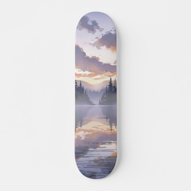 Skateboard Sunrise de acuarela - Lago Serene Misty Mountain (Anverso )