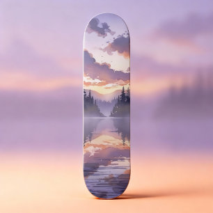 Skateboard Sunrise de acuarela - Lago Serene Misty Mountain