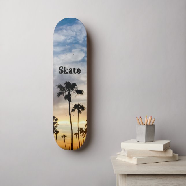 Skateboard Sunset de palmeras personalizadas de amarillo azul (Arte de la pared)