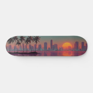 Skateboard Sunset retro de ciudades de onda sintética