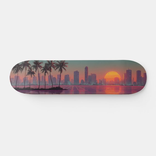 Skateboard Sunset retro de ciudades de onda sintética (Horz)