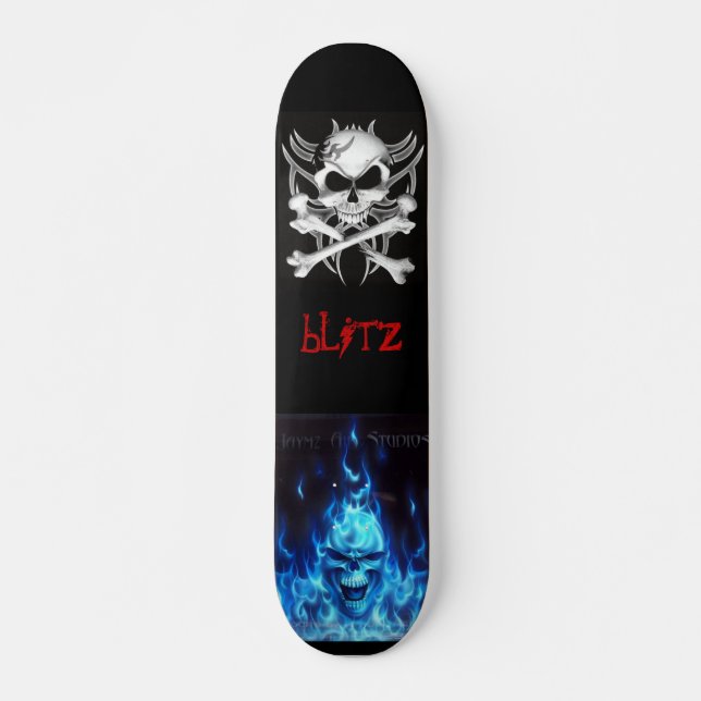 Skateboard svart, huesos del cráneo, BlueFireSkullSign, (Anverso )