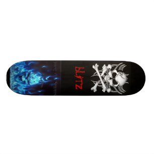 Skateboard svart, huesos del cráneo, BlueFireSkullSign,