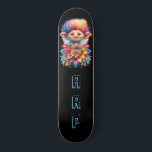 Skateboard *~* Sweet Troll AP89 Neon Rainbow Initials Flower<br><div class="desc">(Código de búsqueda AP89 para elementos Troll y AP88 para elementos de temas medievales) Transferir fácilmente a otros productos Zazzle. Skateboard de fondo NEGRO. Los colores NEON Rainbow simplemente muestran las imágenes TROLL y las LETRAS. Personalizar / Personaliza tus INICIALES / MONOGRAM. Whimsical Cute divertido Long Hair Troll . Colores...</div>