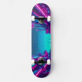 Skateboard Synthwave Neon City Cyberpunk Industrial