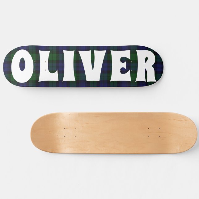 Skateboard tablero de ajedrez escocés azul y verde personaliz (Horz)