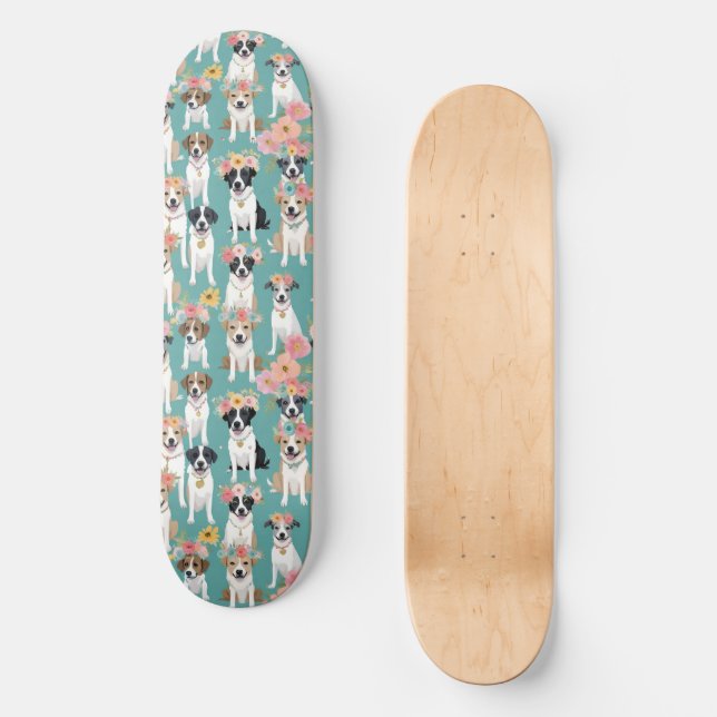 Skateboard Tantos perros con flores pasteles Verde azulados (Anverso)