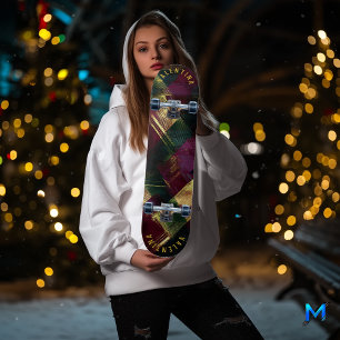 Skateboard Tartan Moderno de Navidad en Burdeos y Dorado