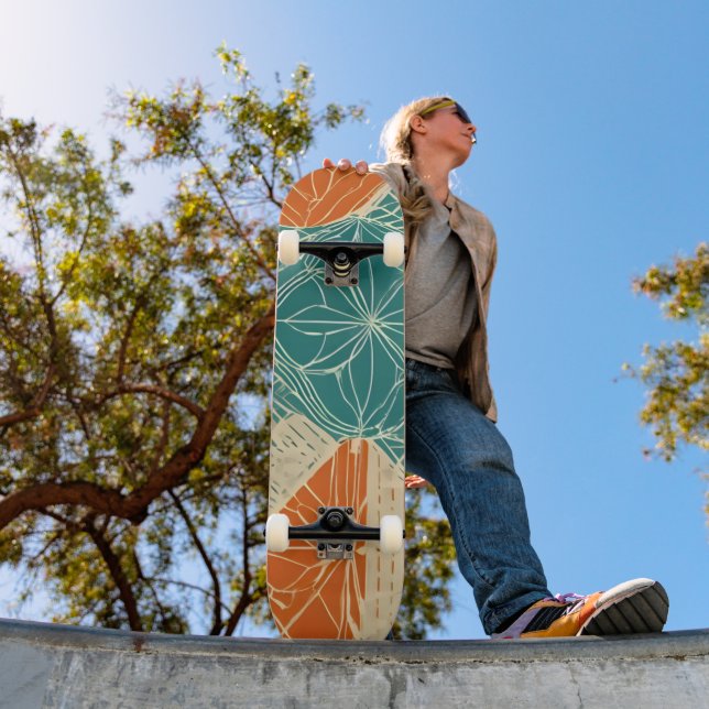 Skateboard Teal, Orange, and Tan Abstract Flowers  (Exterior 1)