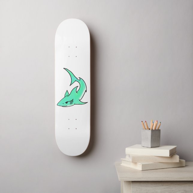 Skateboard tiburón sonriente de dibujos animados azul verde m (Arte de la pared)