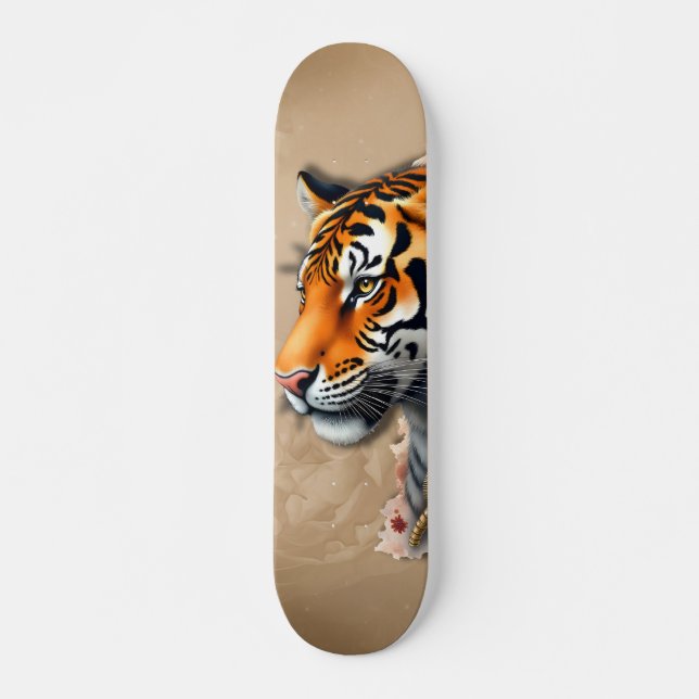 Skateboard Tigre de vapor con Ilustracion de Rosas. (Anverso )