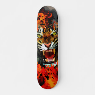 Skateboard Tigre Rugiente Arte Callejero Abstracto de Fuego y