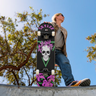 Skateboard Tigres de cráneo y rosa con marca Dd negra
