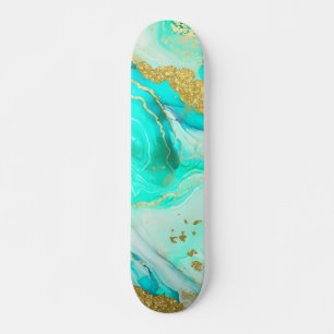 Skateboard Tinta de Alcohol Turquesa Blue Gold Geode