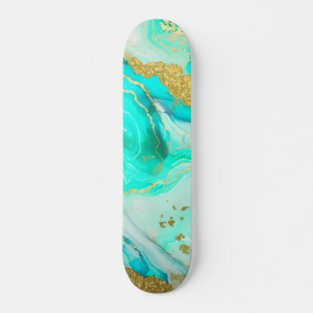 Skateboard Tinta de Alcohol Turquesa Blue Gold Geode (Anverso )