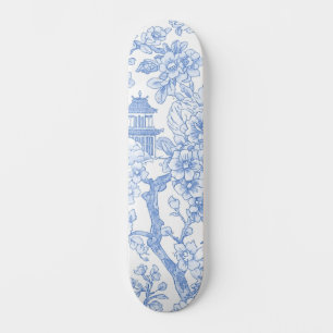 Skateboard Toile de Chinoiserie Azul Dragón Flor de Cerezo