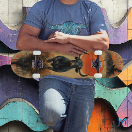Skateboard Toro de Wall Street Bajo Puesta de Sol Ardiente, P