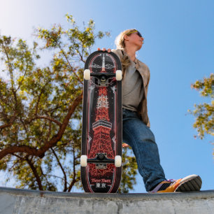 Skateboard Torre de Tokio - Rojo Carmesí Profundo y Blanco