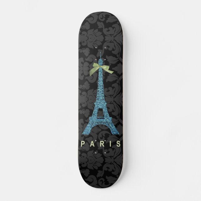 Skateboard Torre Eiffel Azul en falso purpurina (Anverso)