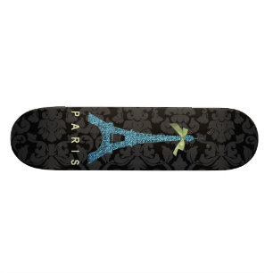 Skateboard Torre Eiffel Azul en falso purpurina