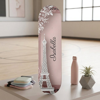 Skateboard Torre Eiffel de purpurina rosa vintage parisina
