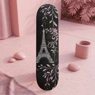 Skateboard Torre Eiffel Plateada Noche Parisina Rosa Rubor Ch