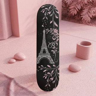 Skateboard Torre Eiffel Plateada Noche Parisina Rosa Rubor Ch
