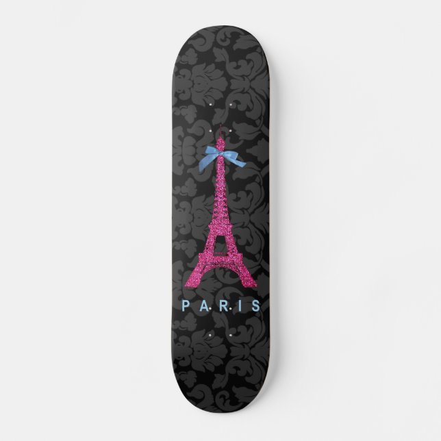 Skateboard Torre Eiffel Rosa en falso purpurina (Anverso)