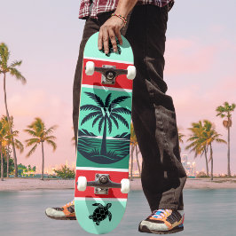 Skateboard Tortuga de Silueta de Palma Roja Verde Inicial