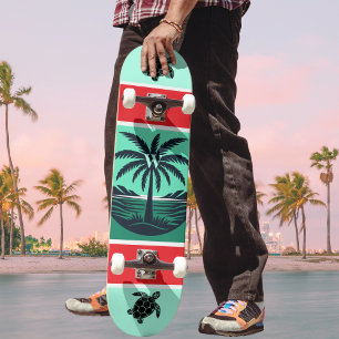 Skateboard Tortuga de Silueta de Palma Roja Verde Inicial