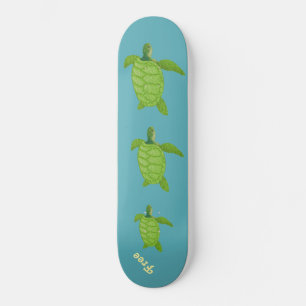 Skateboard Tortugas marinas nadando y caligrafía sobre azul t