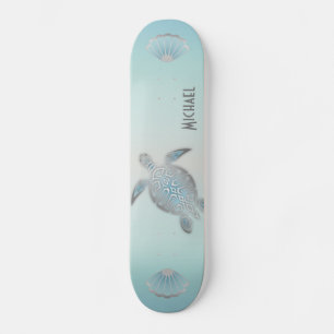 Skateboard Tortugas plateadas estilo playa Monograma Skate co