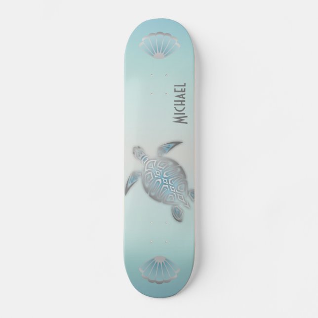 Skateboard Tortugas plateadas estilo playa Monograma Skate co (Anverso)