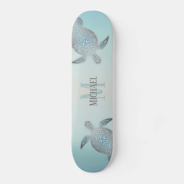Skateboard Tortugas plateadas estilo playa Monograma Su nombr (Anverso)