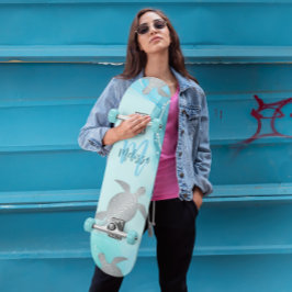 Skateboard Tortugas plateadas Marble azul Monograma Su nombre