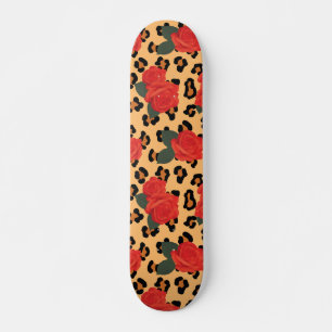 Skateboard Tough Girl Red Roses and Leopard Print