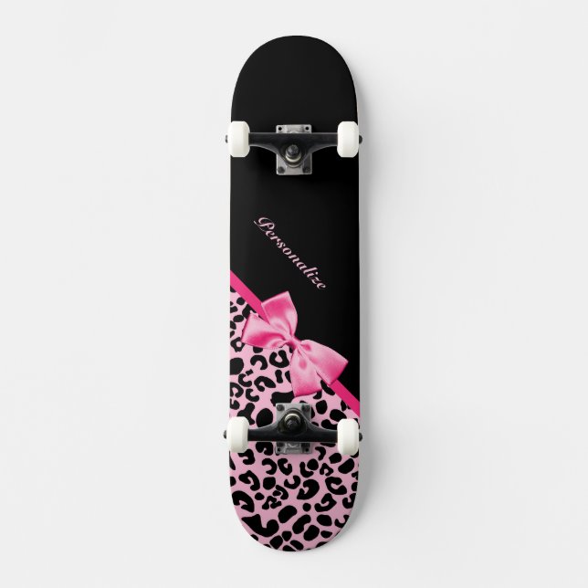 Skateboard Trendy Pink And Black Leopard Hot Pink Ribbon (Anverso)