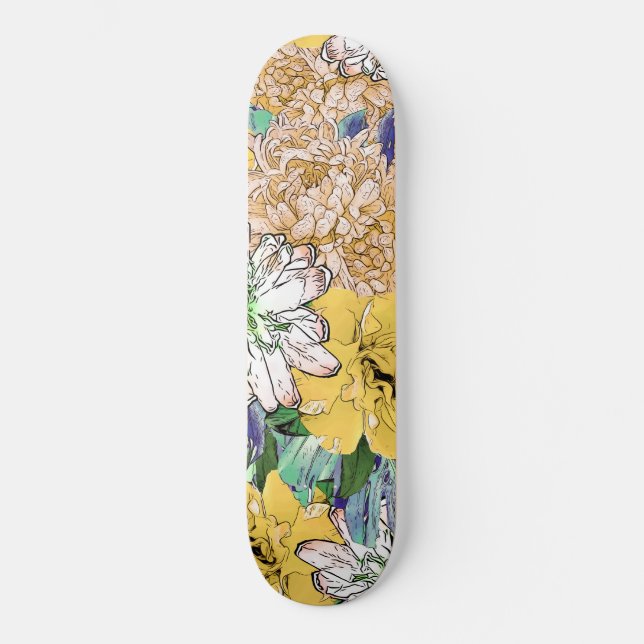 Skateboard Trendy Yellow & Green Floral Girly Illustration (Anverso)