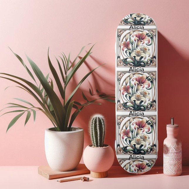 Skateboard Tulipán Art Nouveau Simétrico Pétalos Romántico Co (Art Nouveau Tulip Symmetrical Petals Romantic Cool Skateboard)