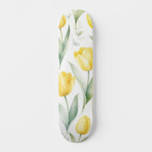 Skateboard Tulipanes Amarillos Pintura Floral Acuarela Botáni