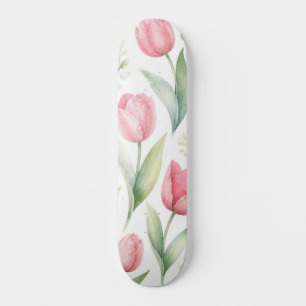 Skateboard Tulipanes rosados Pintura floral acuarela Botánico