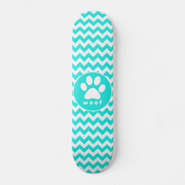 Skateboard Turquesa, Aqua Color Chevron; Paw Print (Anverso)