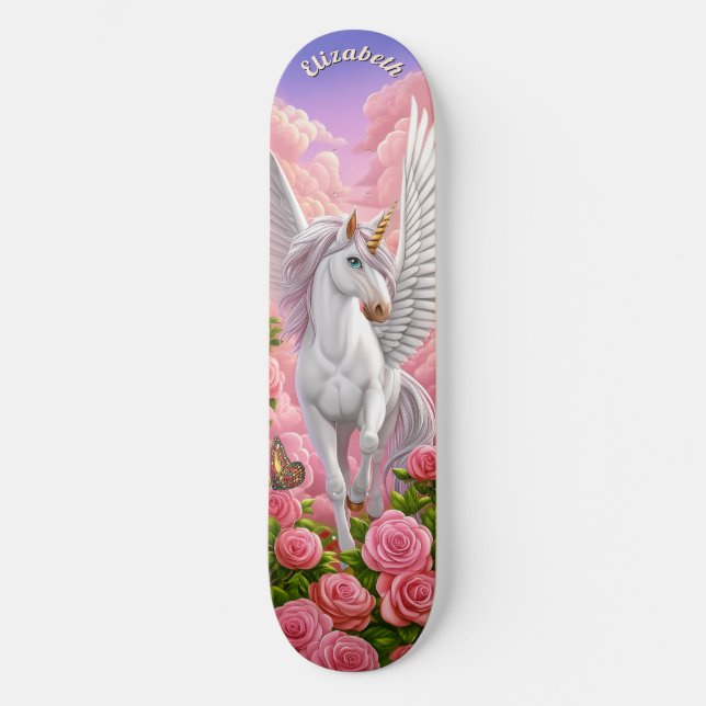 Skateboard Unicorn in Pink Sky with Roses Fantasy Art (Anverso)