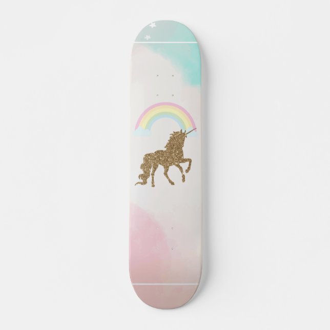 Skateboard Unicornio, Purpurina de oro, arcoiris (Anverso )